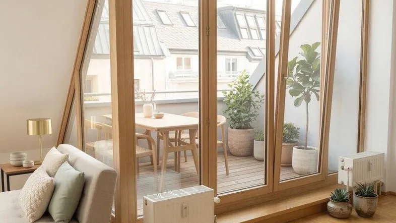 Heller Wohnbereich mit Parkettboden, großen Fenstern und Zugang zu einer sonnigen Dachterrasse.