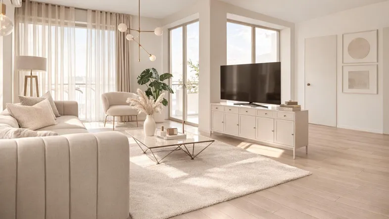 Helles und modern eingerichtetes Wohnzimmer mit großen Fenstern, hellem Parkettboden und Zugang zum Balkon.