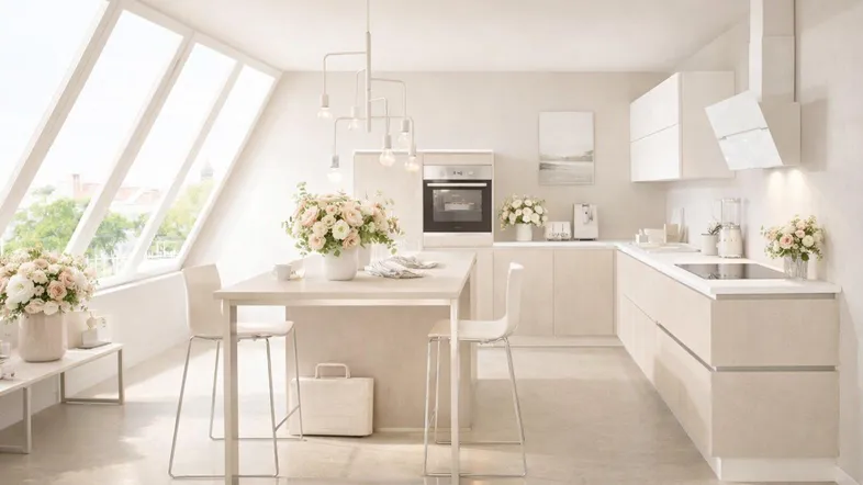 Helle, moderne Küche mit Kochinsel, integriertem Backofen und großen Dachfenstern für viel Tageslicht.