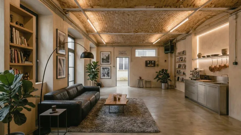 Geräumiges Loft-Wohnzimmer mit freiliegender Ziegeldecke, Betonboden und integrierter Küchenzeile im industriellen Stil.