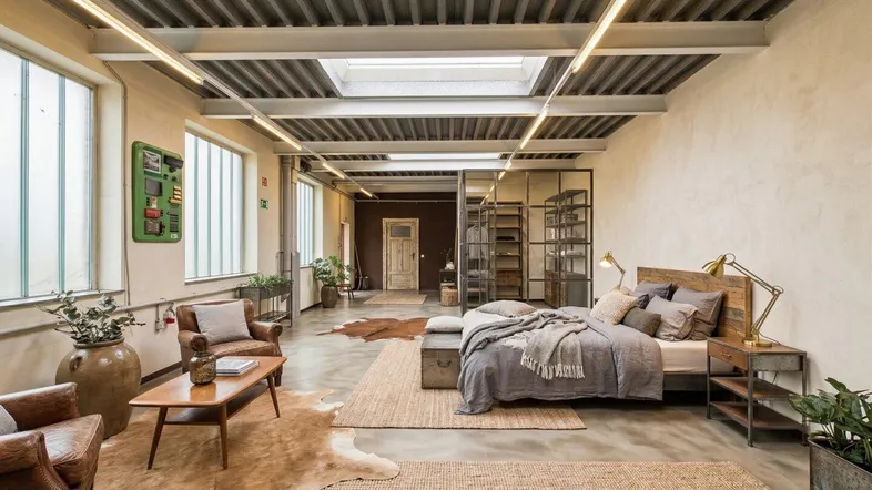 Geräumiges Loft mit industriellem Charme, hohen Decken, Schlaf- und Wohnbereich sowie großen Fenstern.
