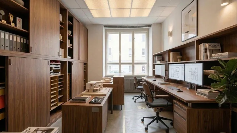 Helles Büro mit modernen Holzmöbeln, integrierten Regalen und Arbeitsplätzen am Fenster.