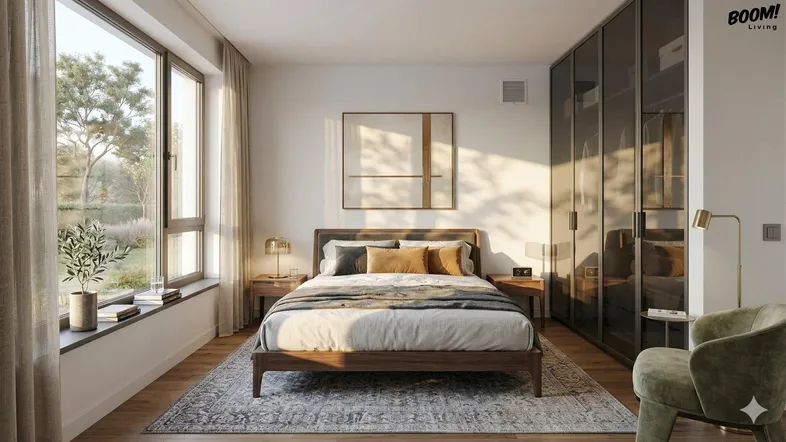 Helles Schlafzimmer mit großen Fenstern, Holzboden und modernem Kleiderschrank.