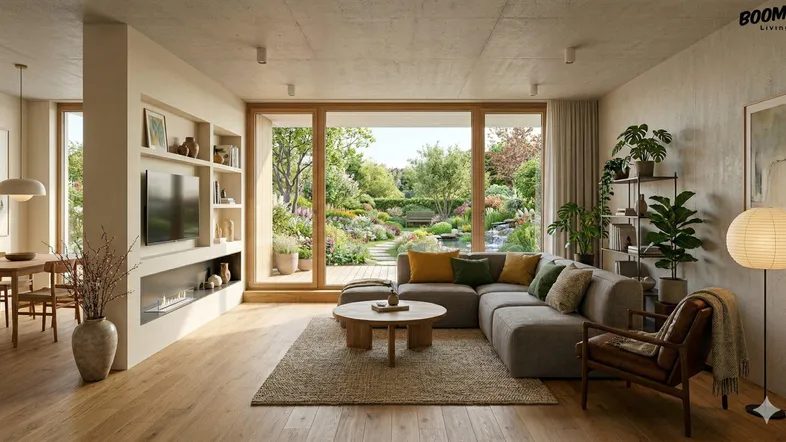 Helles Wohnzimmer mit großzügigen Fenstern, Holzboden und Blick auf einen gepflegten Garten.