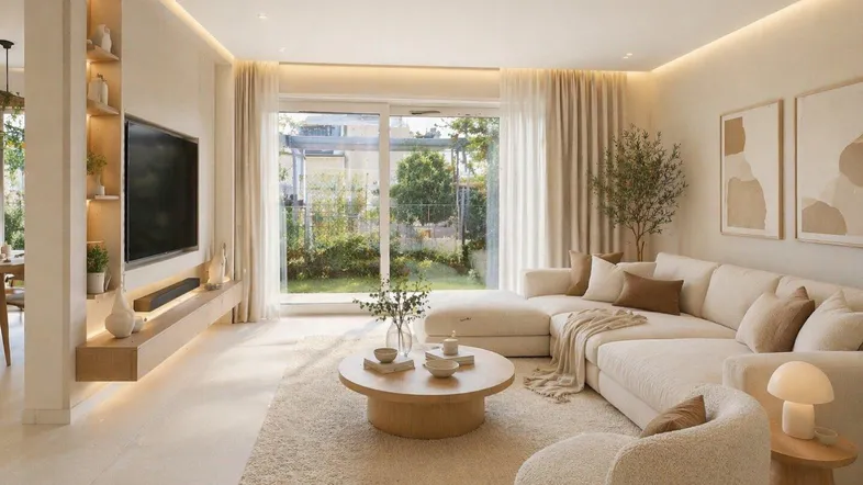 Helles, modernes Wohn-Esszimmer mit großem Sofa, Holzelementen und Zugang zum Garten.