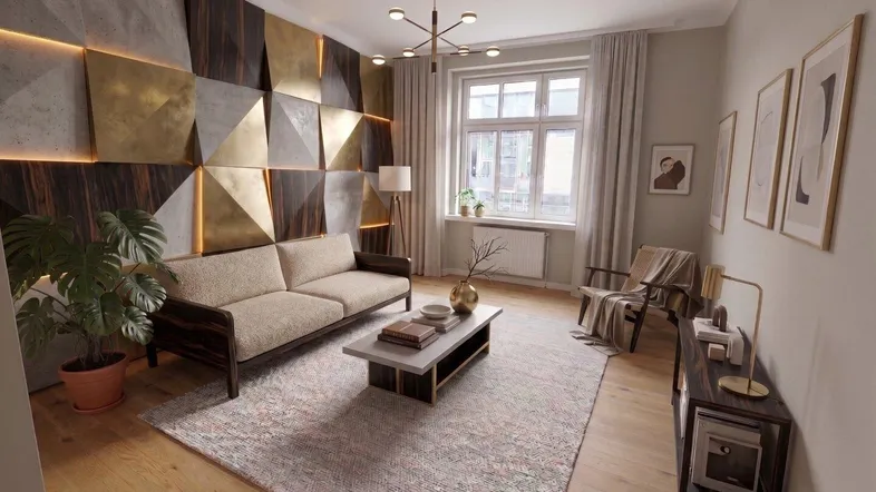 Modernes Wohnzimmer mit auffälliger Wandgestaltung, Holzboden und großen Fenstern für viel Tageslicht.