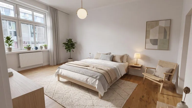 Helles Schlafzimmer mit Holzboden, großem Fenster und moderner Einrichtung, ideal zum Entspannen.