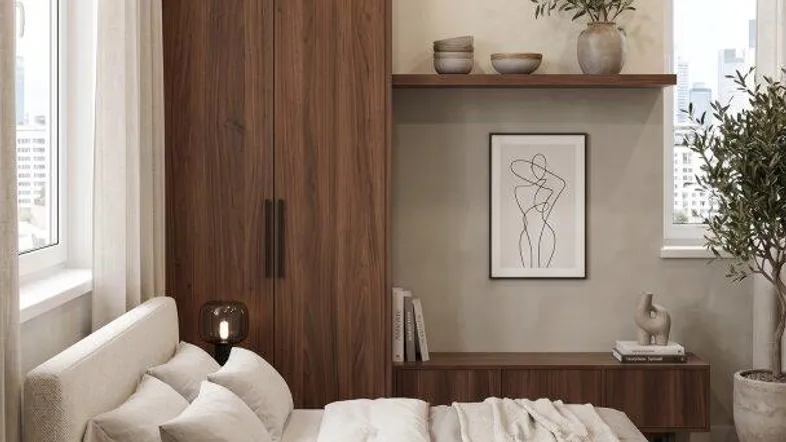 Modernes Schlafzimmer mit Holzboden, integriertem Kleiderschrank und großen Fenstern für viel Tageslicht.