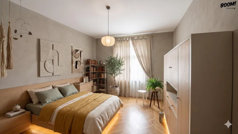 Helles Schlafzimmer mit Parkettboden, indirekter Beleuchtung und stilvoller Dekoration.