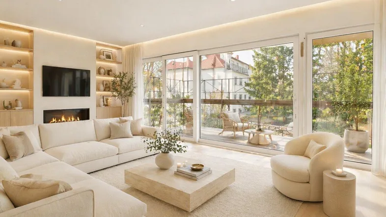 Helles, modernes Wohnzimmer mit großzügiger Couch, Kamin und Zugang zu einem Balkon.