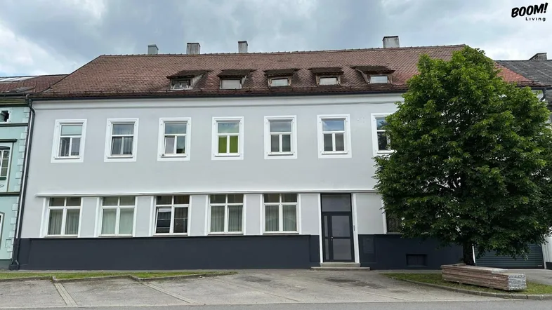Graue Fassade eines Mehrfamilienhauses mit vielen Fenstern und einem Baum davor.