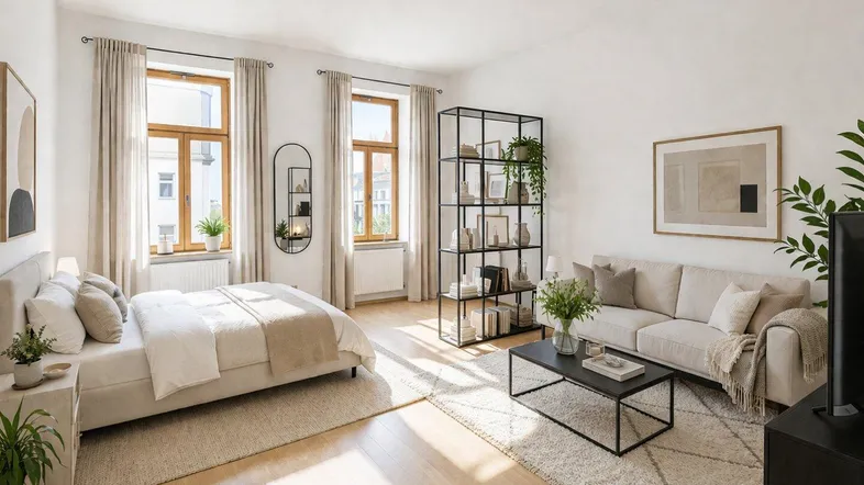 Helles und geräumiges Studio-Apartment mit Schlaf- und Wohnbereich, Parkettboden und großen Fenstern.