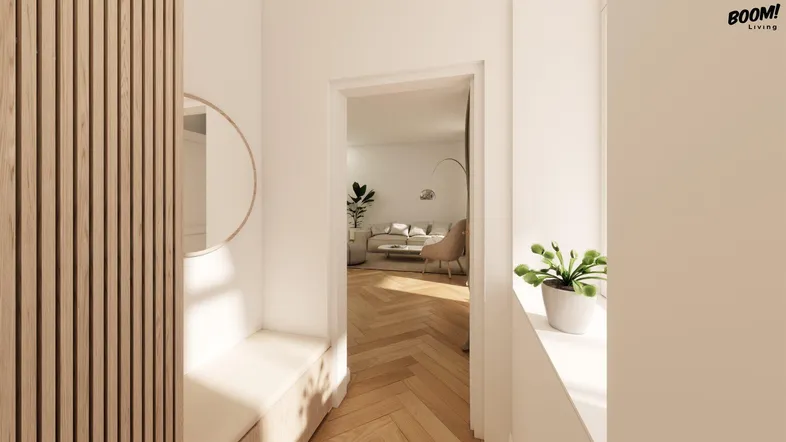 Moderner Eingangsbereich mit Holzvertäfelung, rundem Spiegel und Blick ins Wohnzimmer.