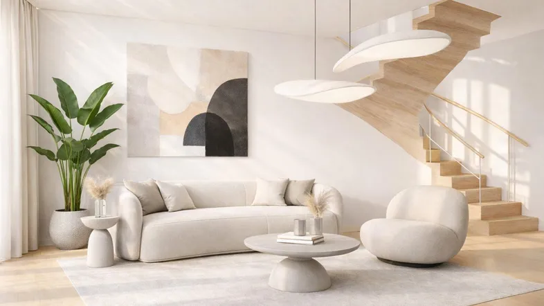 Helles und modernes Wohnzimmer mit beigefarbenem Sofa, stilvollen Pendelleuchten und einer Holztreppe.