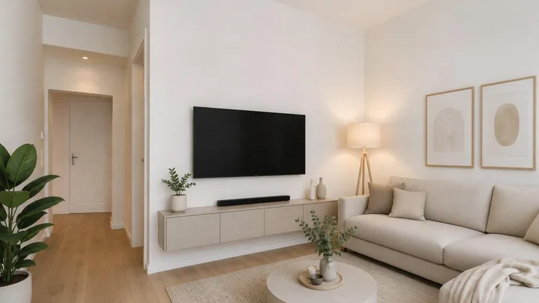 Helles Wohnzimmer mit modernem TV-Möbel, Sofa und Holzboden in neutralen Farbtönen.