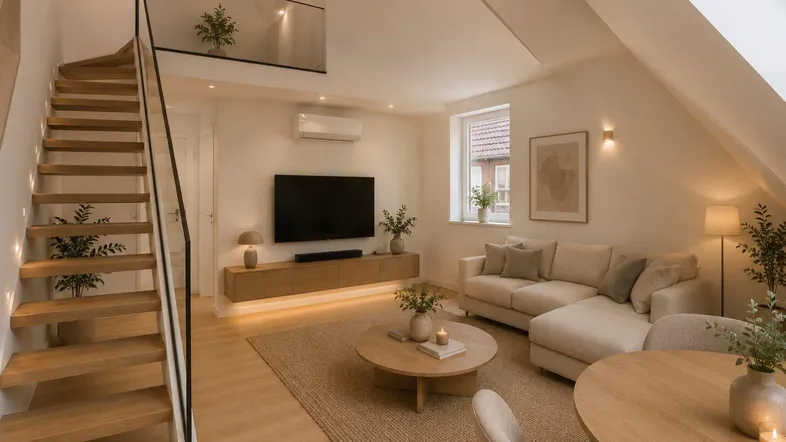 Helles Wohn- und Esszimmer mit moderner Einrichtung, Holztreppe und Dachschrägen.