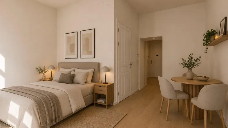 Helles Schlafzimmer mit modernem Design, Holzboden und einem kleinen Essbereich.