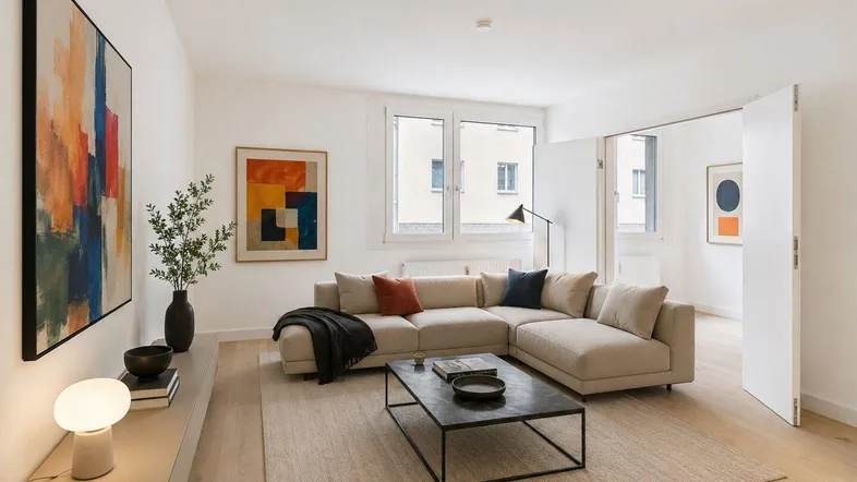 Helles Wohnzimmer mit modernem Ecksofa, Holzboden und abstrakter Kunst an den Wänden.