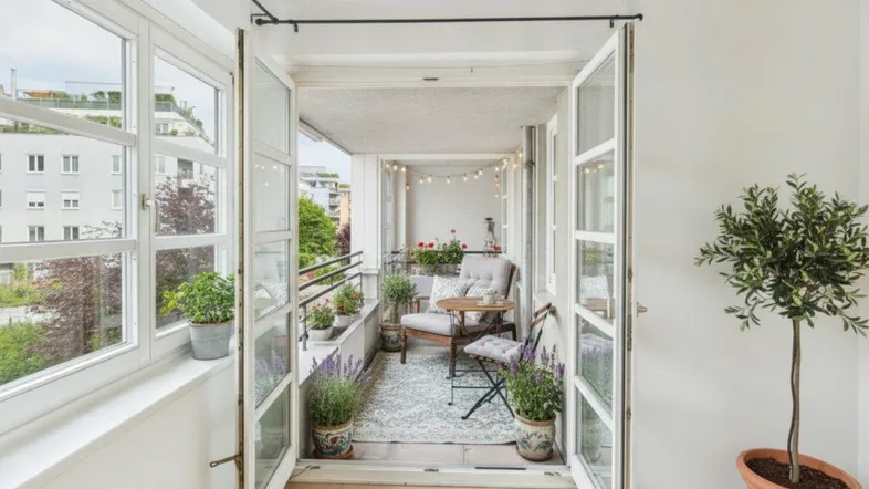 Gemütlicher Balkon mit Pflanzen, Sitzgelegenheiten und Blick auf die umliegenden Gebäude.