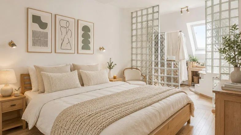 Helles Schlafzimmer mit Holzbett, Glasbausteinwand und Dachfenster, das viel natürliches Licht hereinlässt.