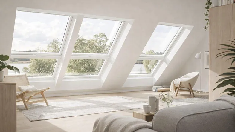 Helles Wohnzimmer mit großen Dachfenstern, Holzboden und Blick ins Grüne.