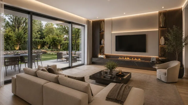 Modernes Wohnzimmer mit Kamin, großen Schiebetüren und direktem Zugang zum Garten.
