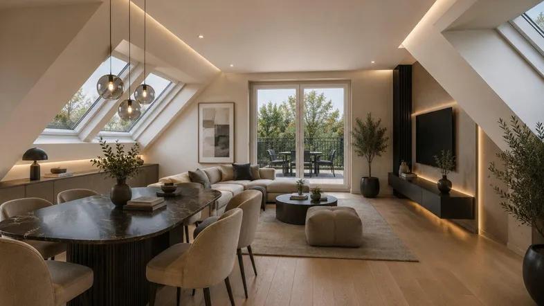 Heller, offener Wohn- und Essbereich mit Dachschrägen, großen Fenstern und Zugang zum Balkon.