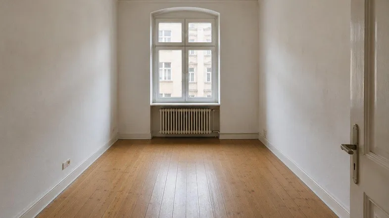 Leeres Zimmer mit Holzboden, hohen Decken und einem großen Fenster, das viel Tageslicht hereinlässt.