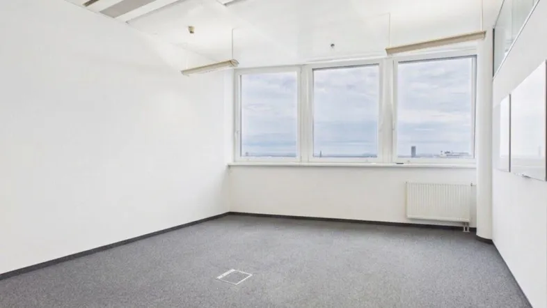 Leerer Büroraum mit Teppichboden, großen Fenstern und weitem Blick auf die Stadt.