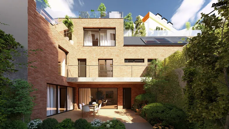 Visualisierung eines modernen Gebäudes mit Ziegelfassade, Garten und Terrasse mit Sitzbereich.