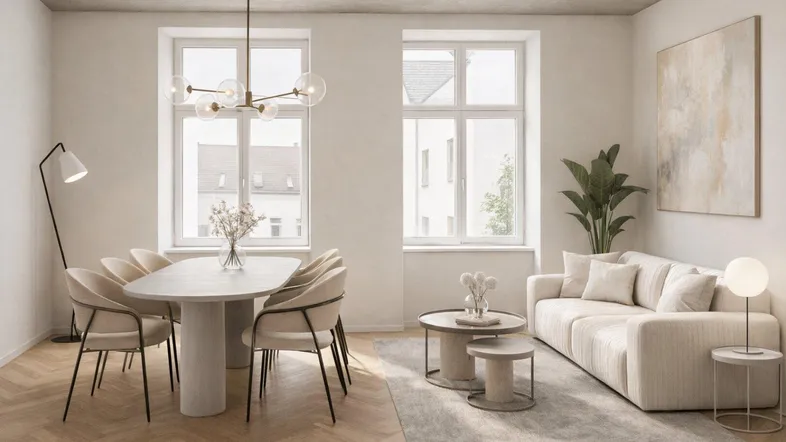 Helles Wohn- und Esszimmer mit Fischgrätparkett, modernen Möbeln und großen Fenstern.