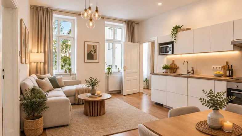 Heller offener Wohn- und Essbereich mit integrierter Küche, beigem Sofa und Holzboden.