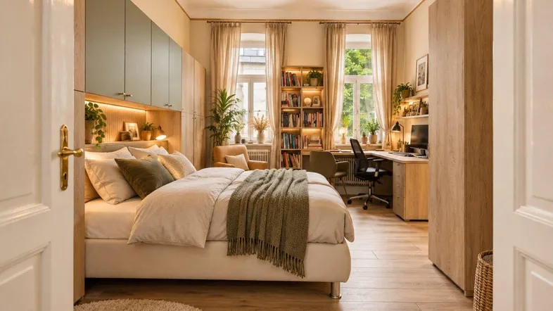 Helles Schlafzimmer mit Holzboden, Deckenventilator und integriertem Arbeitsbereich am Fenster.
