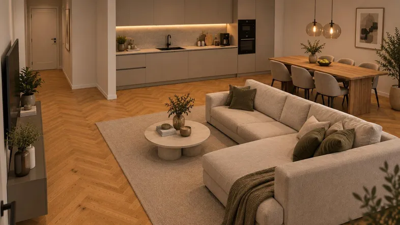 Heller, offener Wohn-Essbereich mit integrierter Küche, modernem Sofa und Parkettboden.