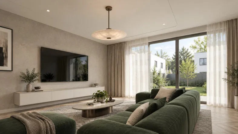 Modernes Wohnzimmer mit großem Sofa, Fernseher und Zugang zum Garten durch bodentiefe Fenster.