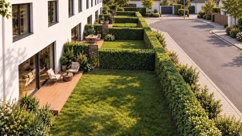 Moderne Reihenhäuser mit privaten Gärten und Holzterrassen, umgeben von gepflegten Hecken und einer ruhigen Straße.