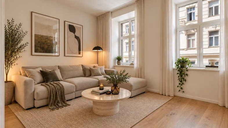 Helles Wohnzimmer mit beigem Ecksofa, Holzboden und großen Fenstern, die viel Tageslicht hereinlassen.