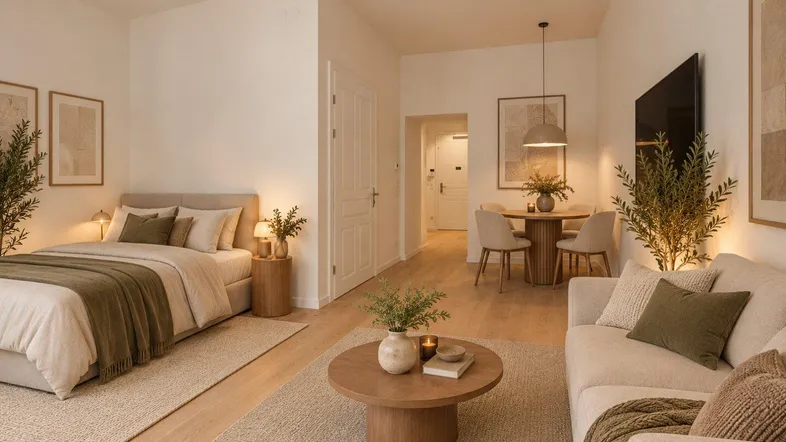 Offener Wohnbereich mit Schlafzimmer, Essbereich und gemütlicher Sitzecke, hell und modern eingerichtet.