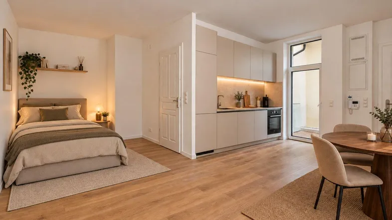 Modernes Studio-Apartment mit integrierter Küchenzeile, Essbereich und Schlafbereich, ideal für urbanes Wohnen.