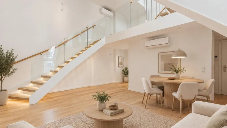 Heller, offener Wohn- und Essbereich mit modernem Design, Holzfußboden und eleganter Treppe.
