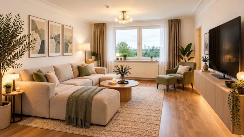 Gemütliches Wohnzimmer mit beigem Ecksofa, Holzboden und Blick ins Grüne.