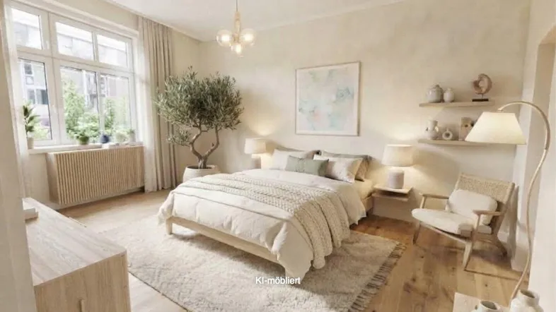 Helles Schlafzimmer mit Holzboden, großem Fenster und moderner Einrichtung, KI-möbliert.