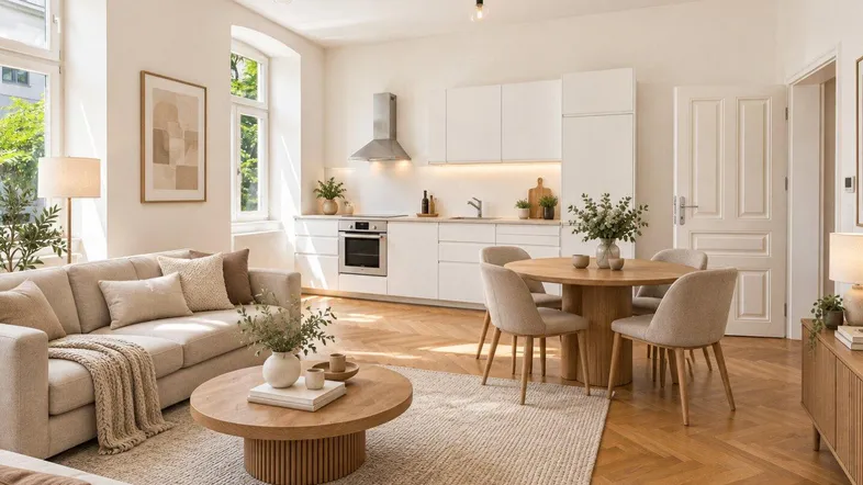 Helles, offenes Wohn-Esszimmer mit integrierter Küche, Fischgrätparkett und moderner Einrichtung.