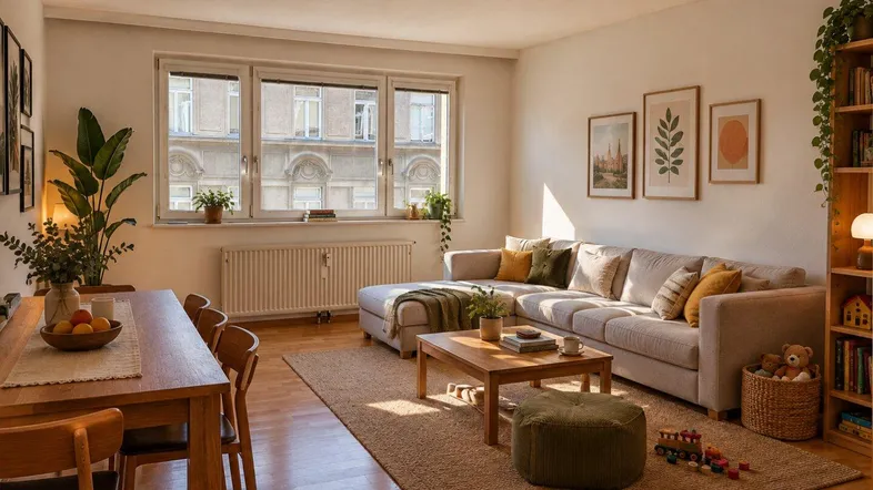 Helles Wohn- und Esszimmer mit beigem Ecksofa, Holztisch und Blick auf die Stadt.