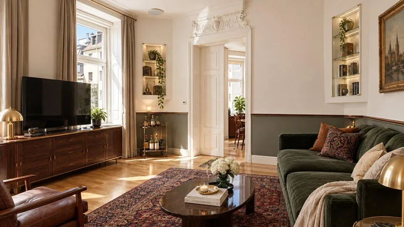 Modernes Wohnzimmer mit dunklem Sofa, Holzboden und dekorativen Elementen, durch eine Tür mit einem weiteren Raum verbunden.