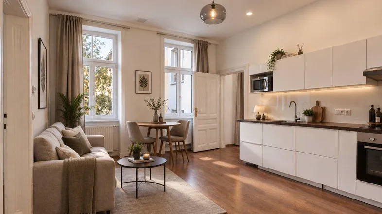 Helles, offenes Wohn-Esszimmer mit integrierter moderner Küche und Holzboden, ideal für geselliges Beisammensein.