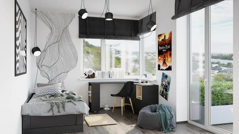 Modernes Jugendzimmer mit Schreibtisch, Bett und großem Fenster mit Ausblick auf die Stadt.