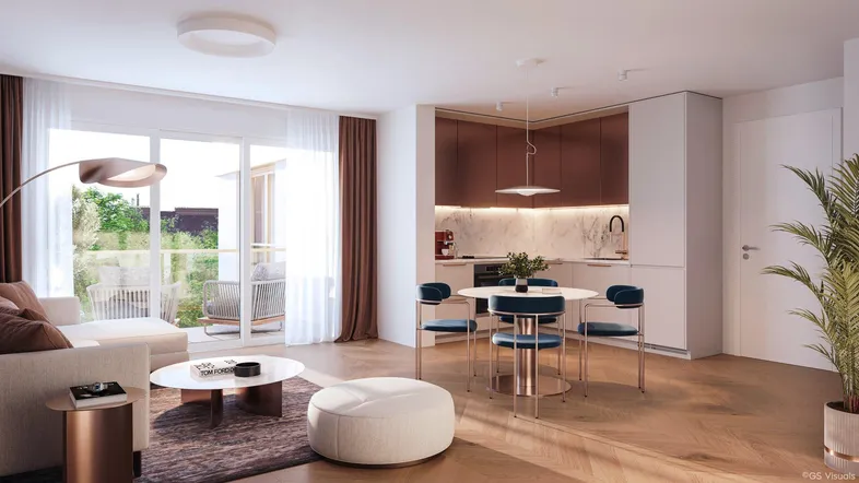 Moderner offener Wohn- und Essbereich mit integrierter Küche, Parkettboden und Zugang zum Balkon.