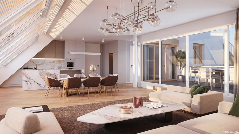 Helles, offenes Wohn-Esszimmer mit moderner Küche, Dachschrägen und Zugang zur Terrasse.