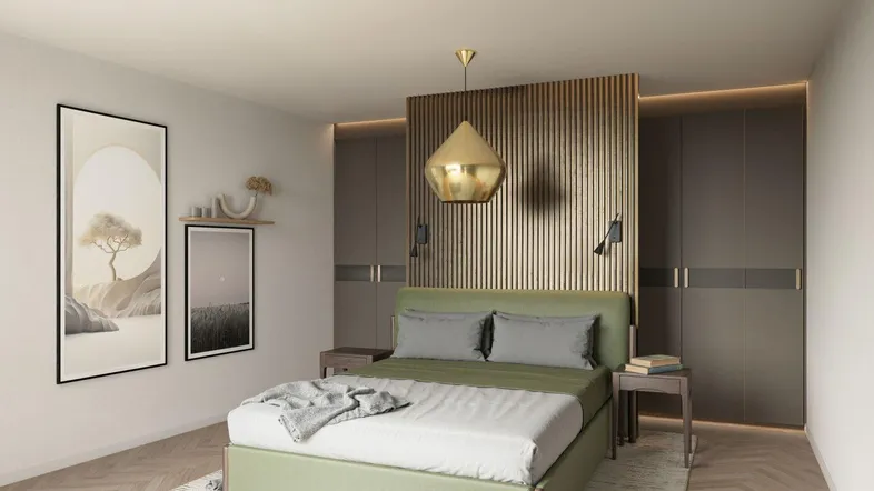 Stilvolles Schlafzimmer mit grünem Bett, Holzboden und integrierten Schränken.